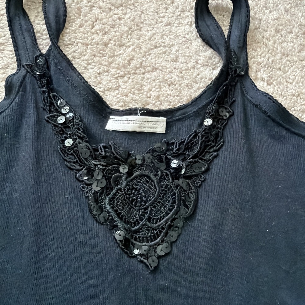 VTG MICHELE NICOLE WESLEY Navy COTTON KNIT SCALLOP HEM LACE CAMISOLE TANK Y2K M - Picture 3 of 6